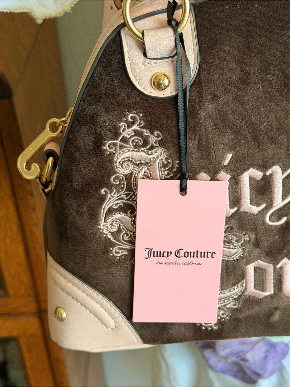 Juicy Couture Pink and Brown Logo Dome Satchel with Crown Charm NWT Free Make up